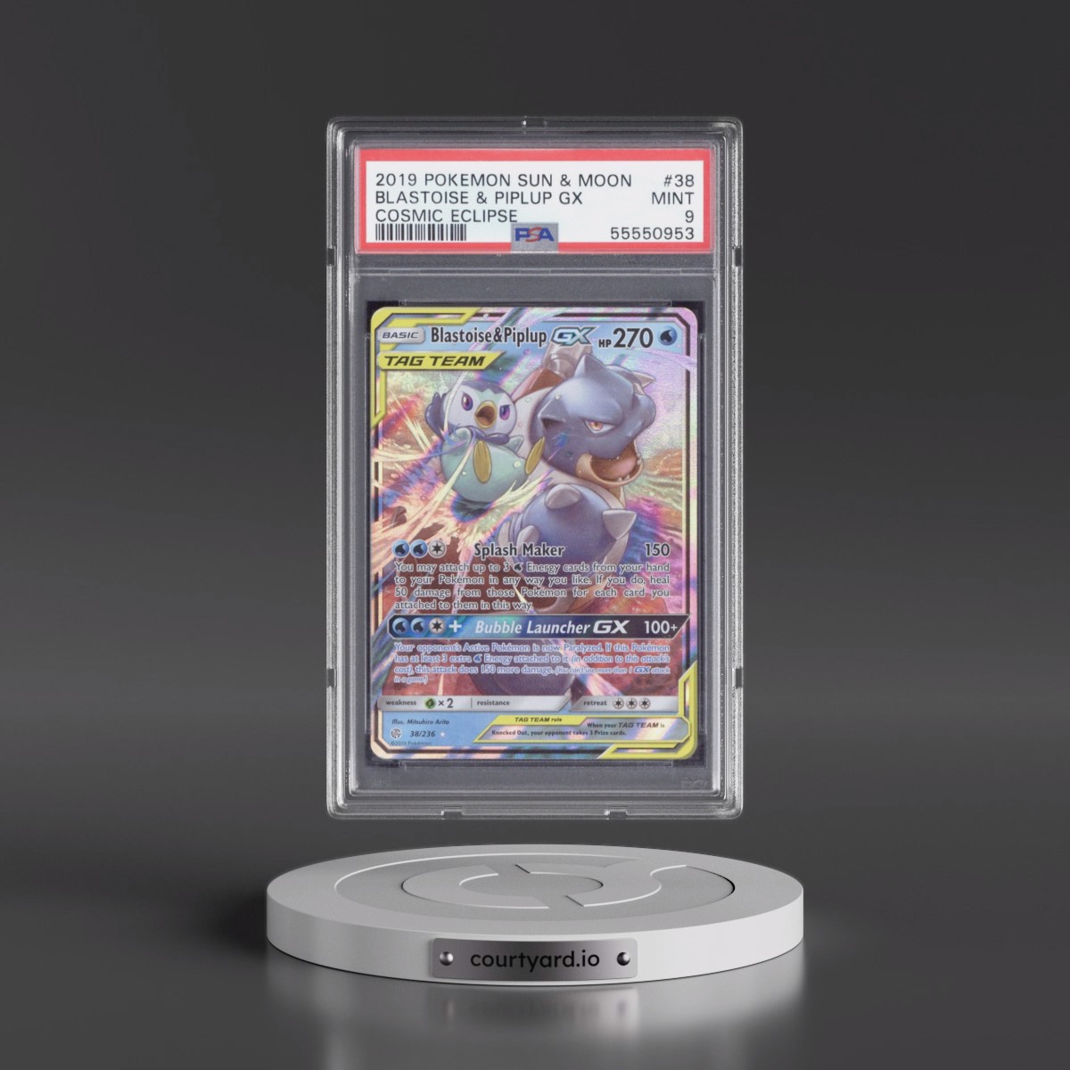 2019 Pokémon Sun & Moon Cosmic Eclipse #38 Blastoise & Piplup GX - Holo (PSA 9 MINT)
