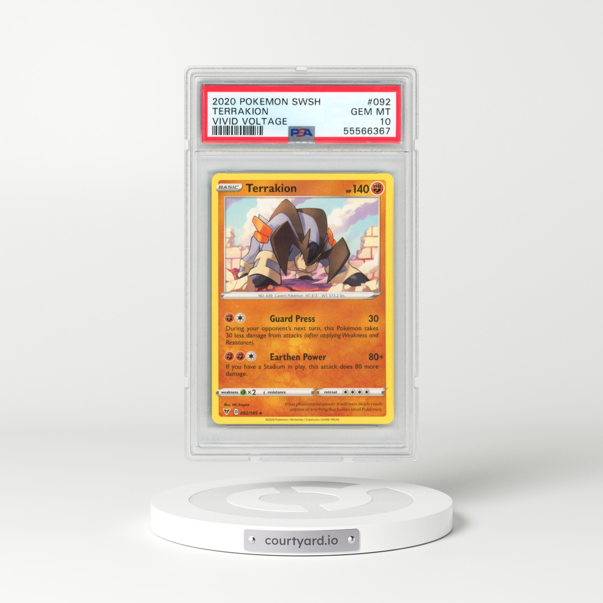 2020 Pokémon Sword & Shield Vivid Voltage #092 Terrakion (PSA 10 GEM MINT)