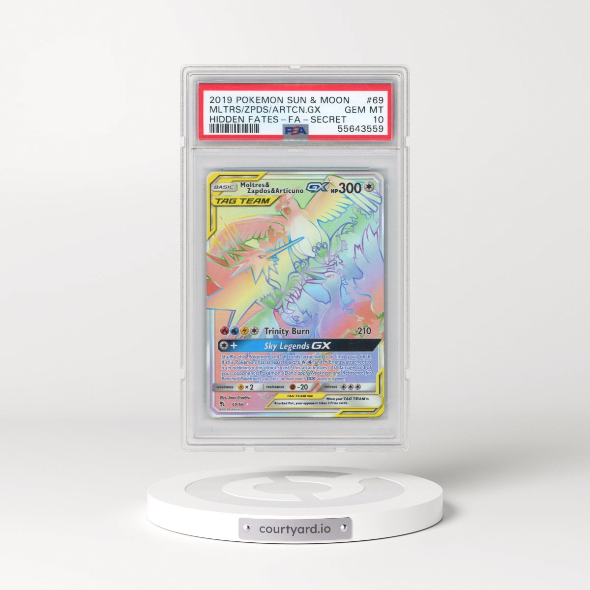 2019 Pokémon Sun & Moon Hidden Fates #69 Moltres & Zapdos & Articuno GX - Holo Full Art Secret (PSA 10 GEM MINT)
