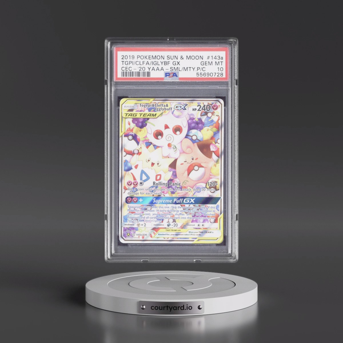 2019 Pokémon Sun & Moon Cosmic Eclipse #143a Togepi & Cleffa & Igglybuff GX - Holo 2020 Yellow A Alternate Art Small But Mighty Premium Collection (PSA 10 GEM MINT)