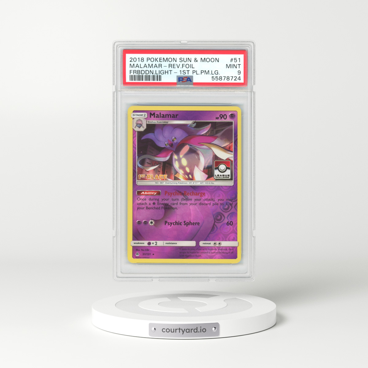 2018 Forbidden Light #51 Malamar - Holo 1st Place Pokemon League (PSA 9 MINT)