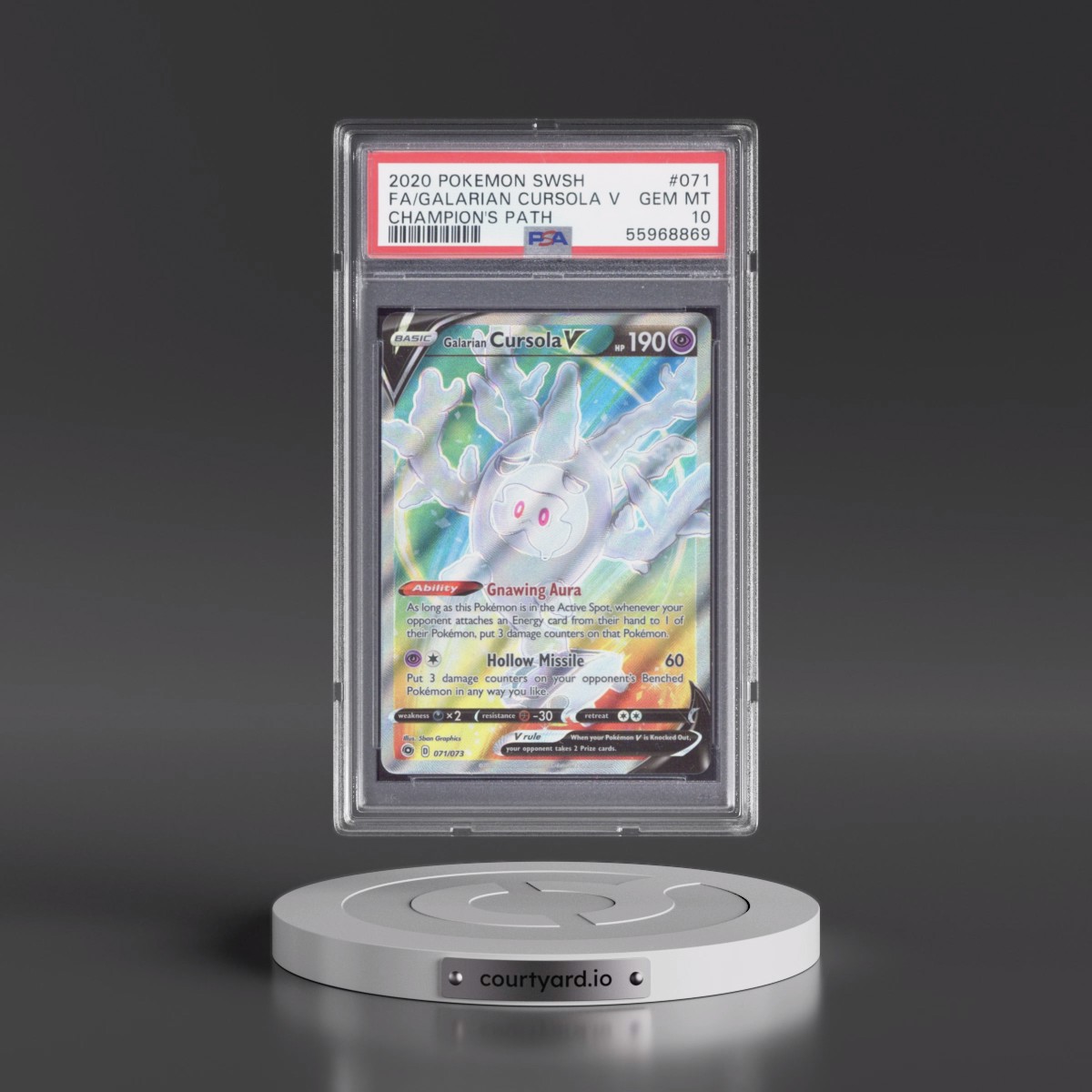 2020 Pokémon Sword & Shield Champion's Path #071 Galarian Cursola V - Holo Full Art (PSA 10 GEM MINT)