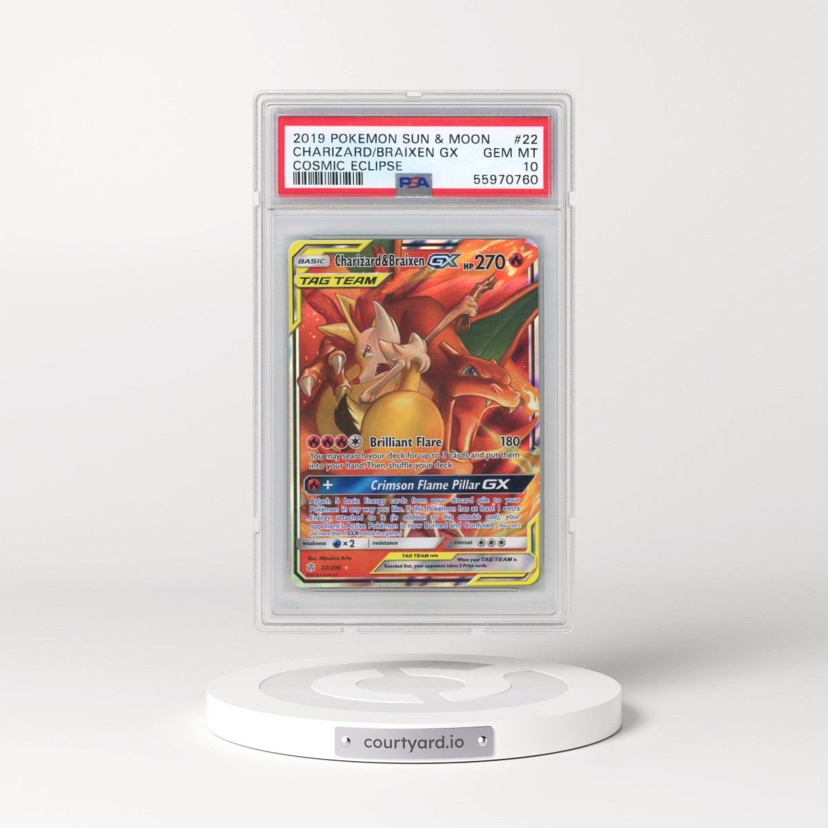 2019 Pokémon Sun & Moon Cosmic Eclipse #22 Charizard & Braixen GX - Holo (PSA 10 GEM MINT)