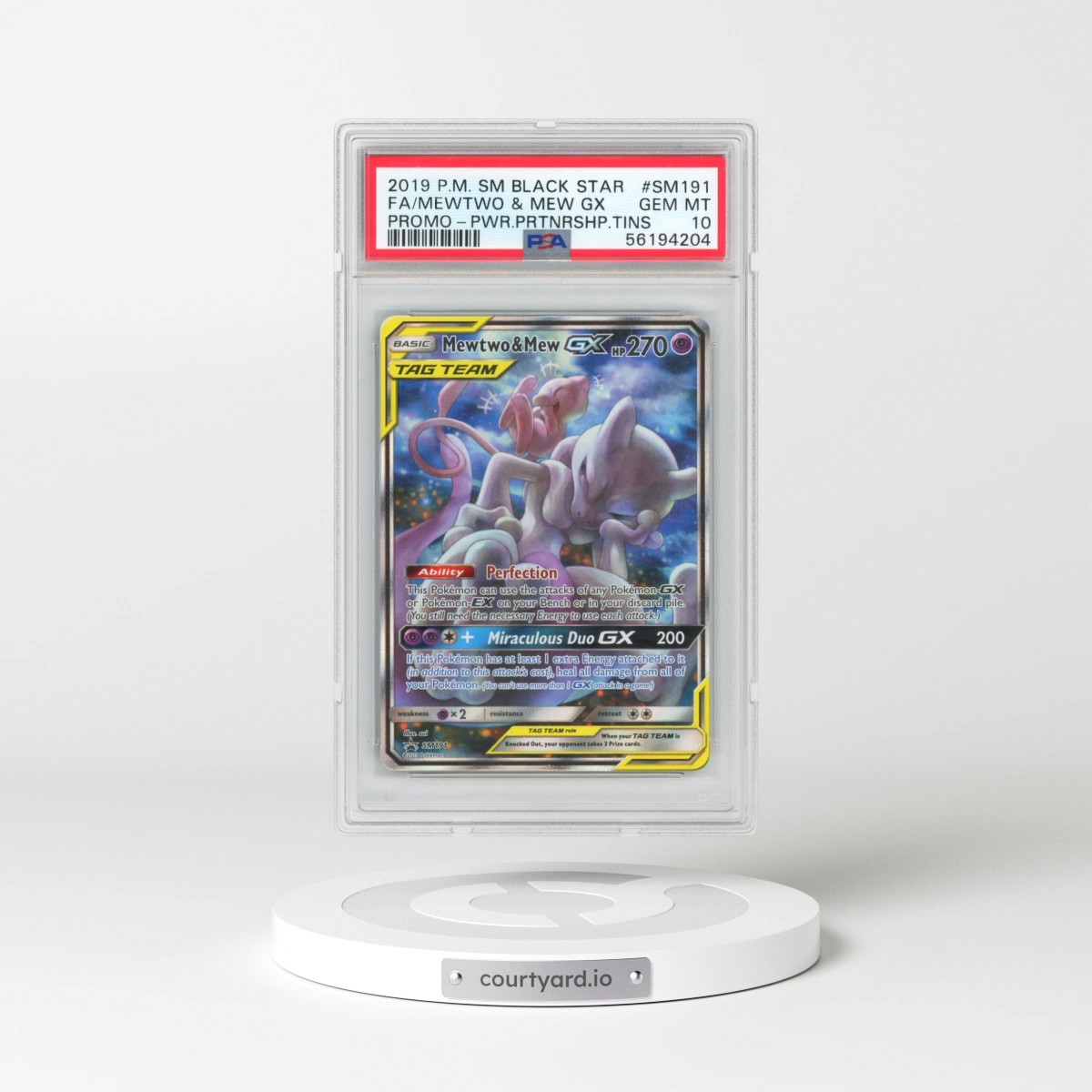 2019 Pokémon SM Black Star Promo #SM191 Mewtwo & Mew GX - Holo Full Art Power Partnership Tins (PSA 10 GEM MINT)