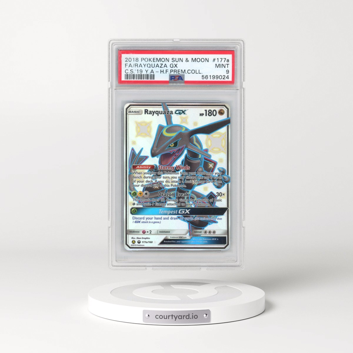 2018 Pokémon Sun & Moon Celestial Storm #177a Rayquaza GX - Holo Full Art 2019 Yellow A Hidden Fates Premium Collection (PSA 9 MINT)