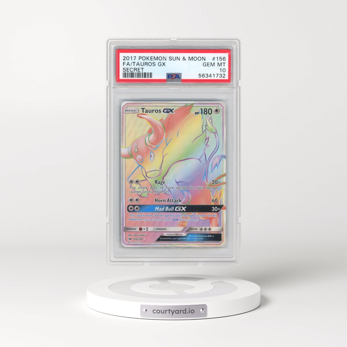 2017 Pokémon Sun & Moon #156 Tauros GX - Holo Full Art Secret (PSA 10 GEM MINT)