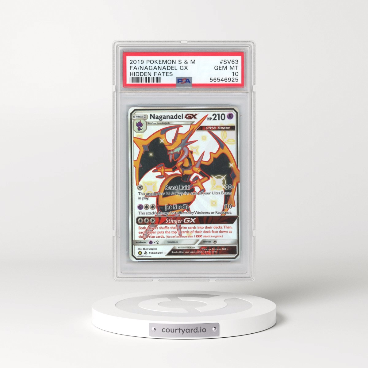 2019 Pokémon Sun & Moon Hidden Fates #SV63 Naganadel GX - Holo Full Art (PSA 10 GEM MINT)