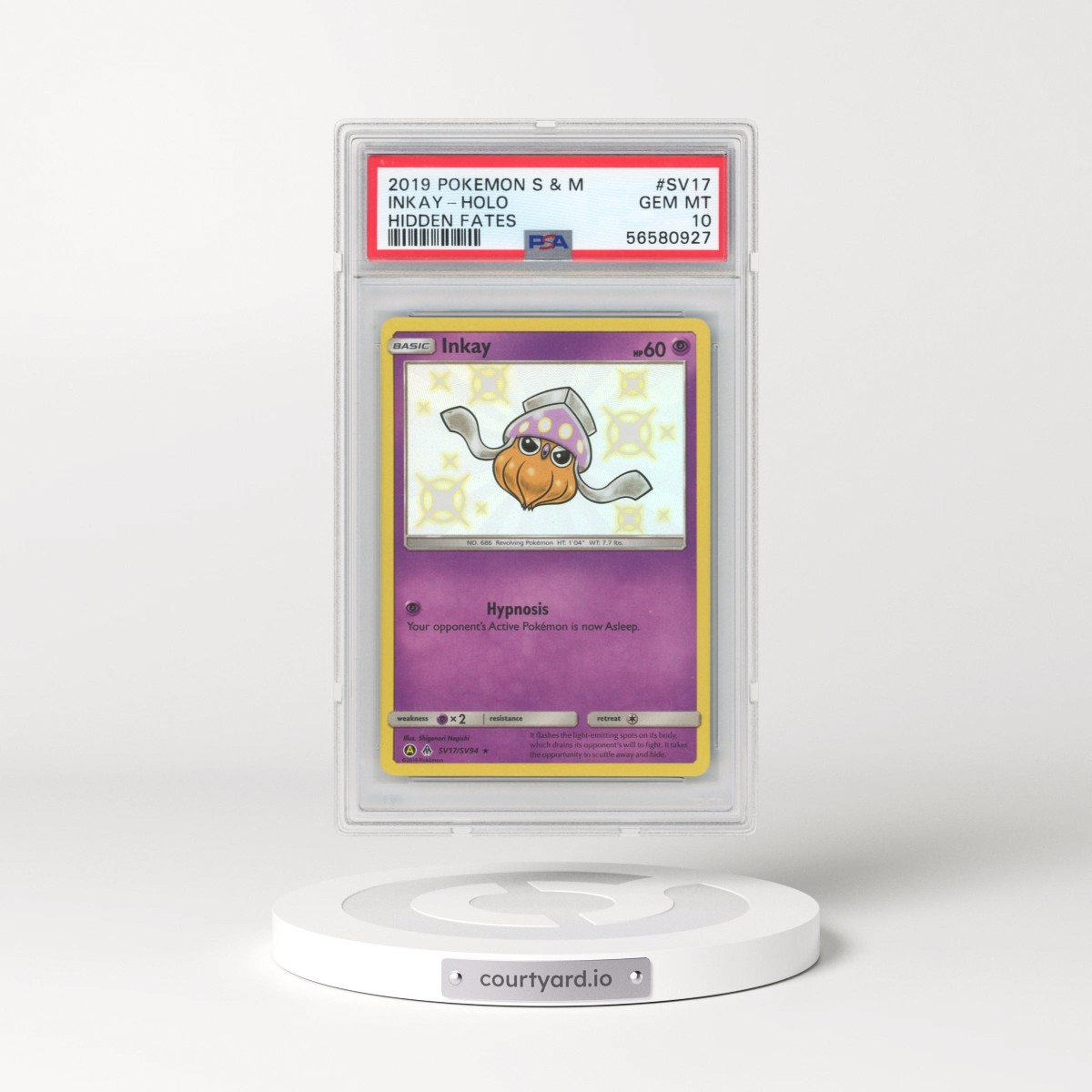 2019 Pokémon Sun & Moon Hidden Fates #SV17 Inkay - Holo (PSA 10 GEM MINT)