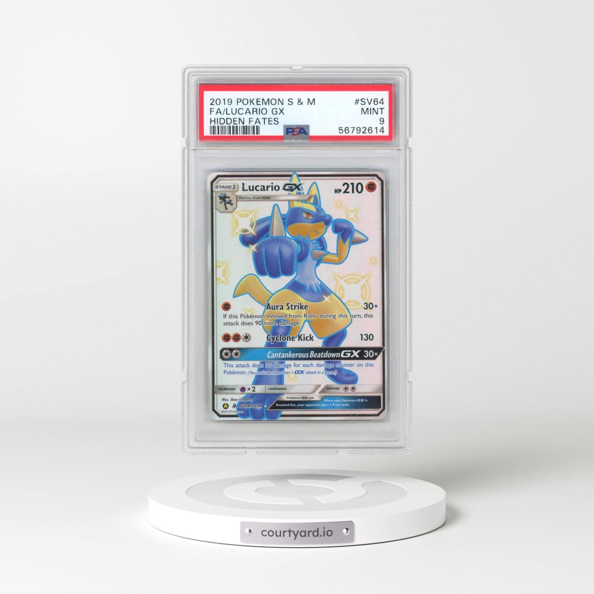 2019 Pokémon Sun & Moon Hidden Fates #SV64 Lucario GX - Holo Full Art (PSA 9 MINT)