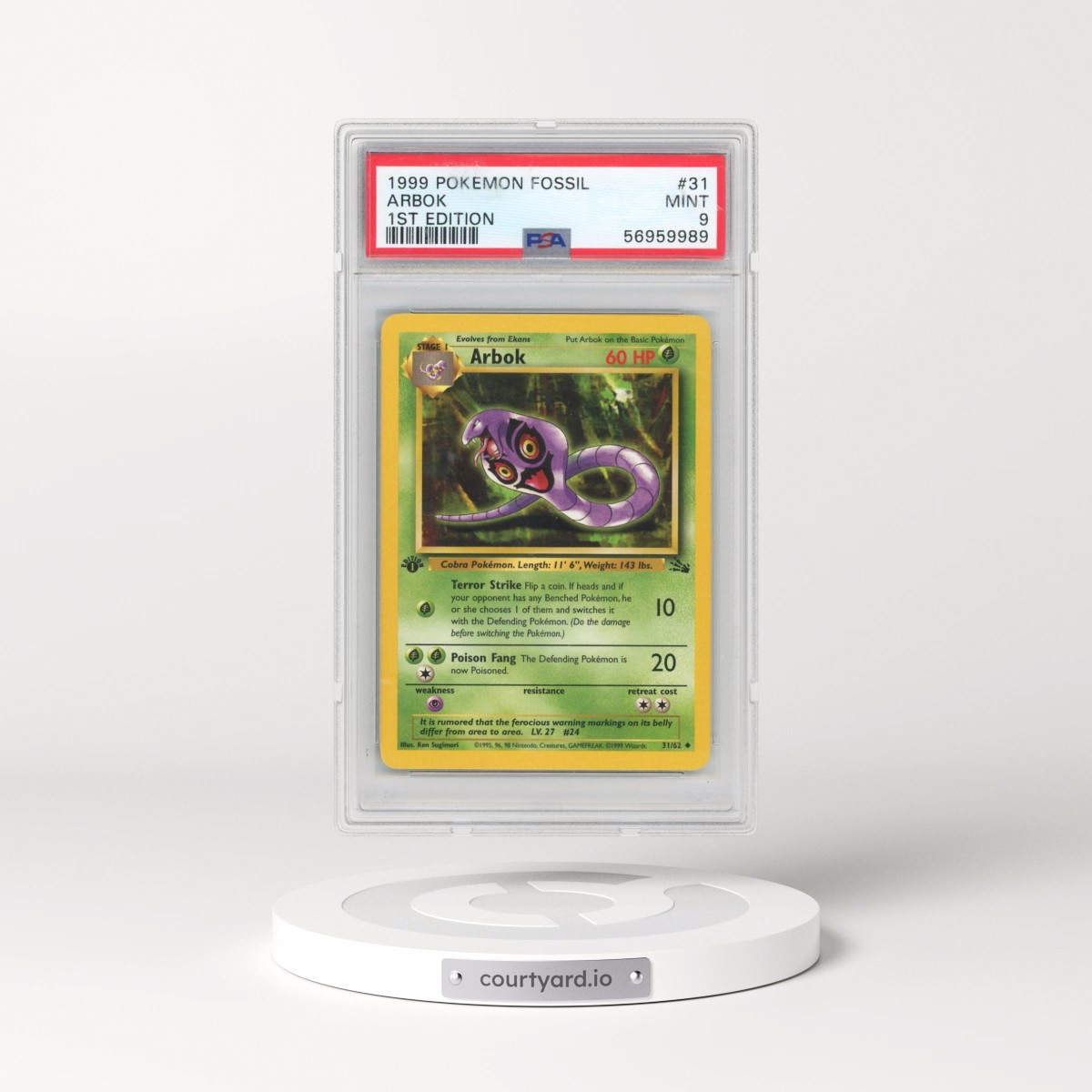 1999 Pokémon Fossil #31 Arbok - 1st Edition (PSA 9 MINT)