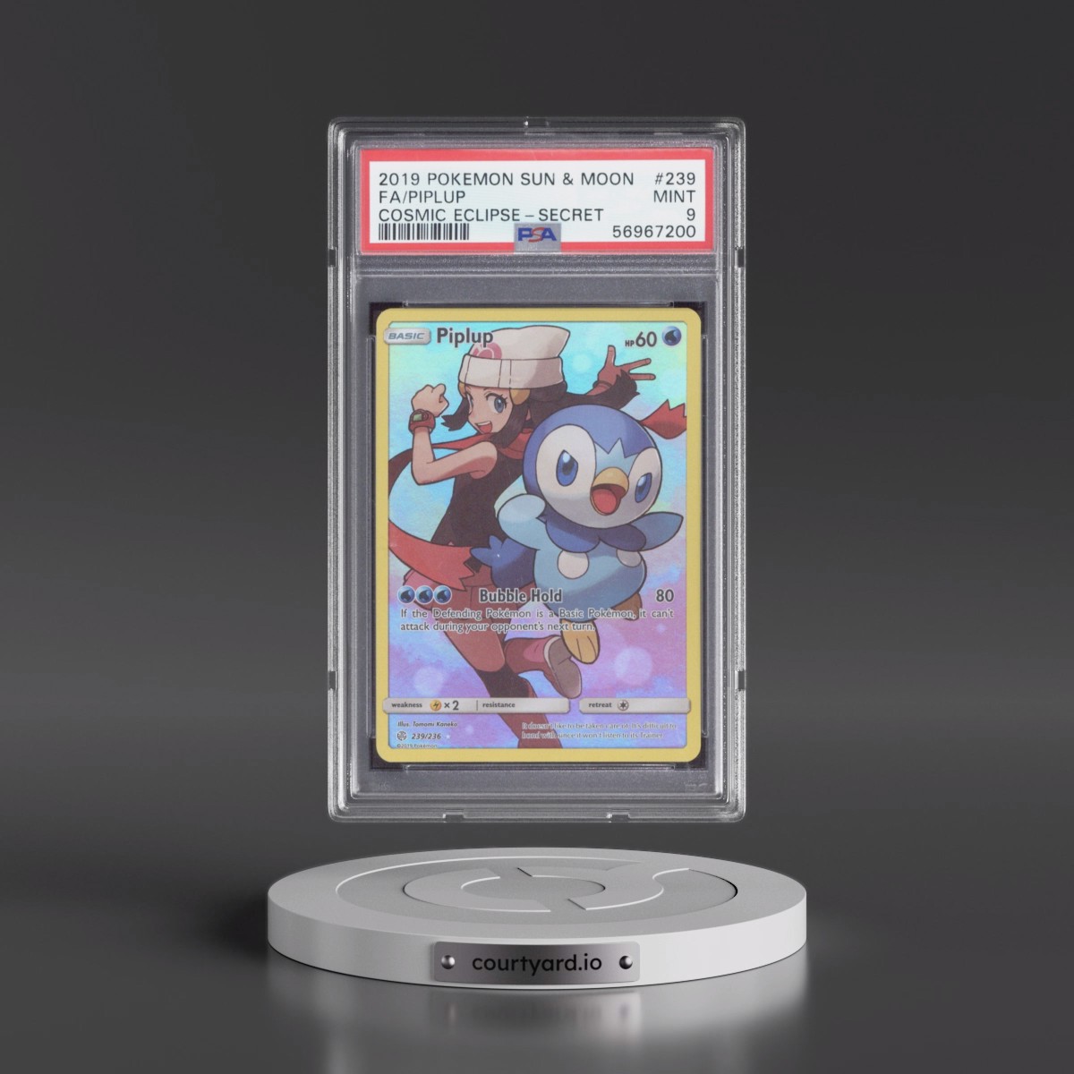 2019 Pokémon Sun & Moon Cosmic Eclipse #239 Piplup - Full Art Secret (PSA 9 MINT)