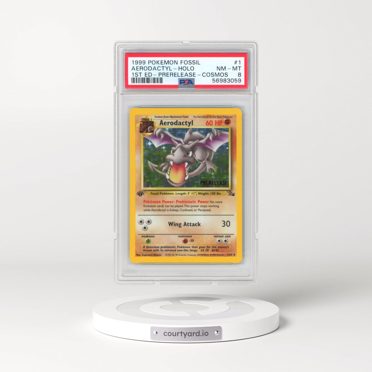 1999 Pokémon Fossil #1 Aerodactyl - 1st Edition Holo Prerelease-Cosmos (PSA 8 NM-MT)
