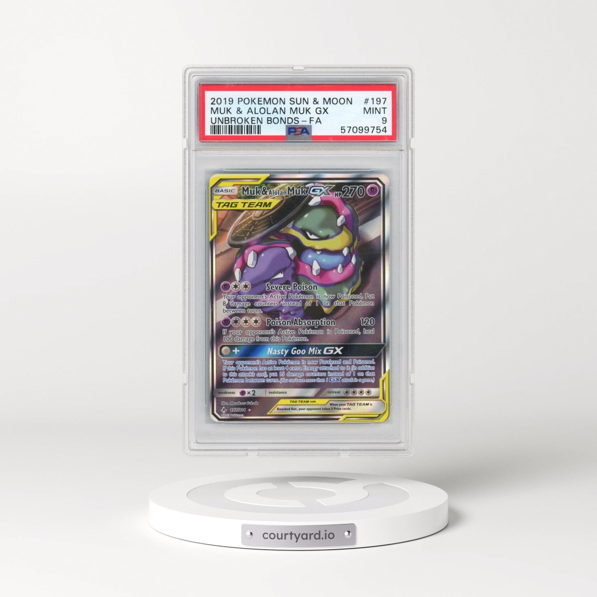 2019 Pokémon Sun & Moon Unbroken Bonds #197 Muk & Alolan Muk GX - Holo Full Art (PSA 9 MINT)