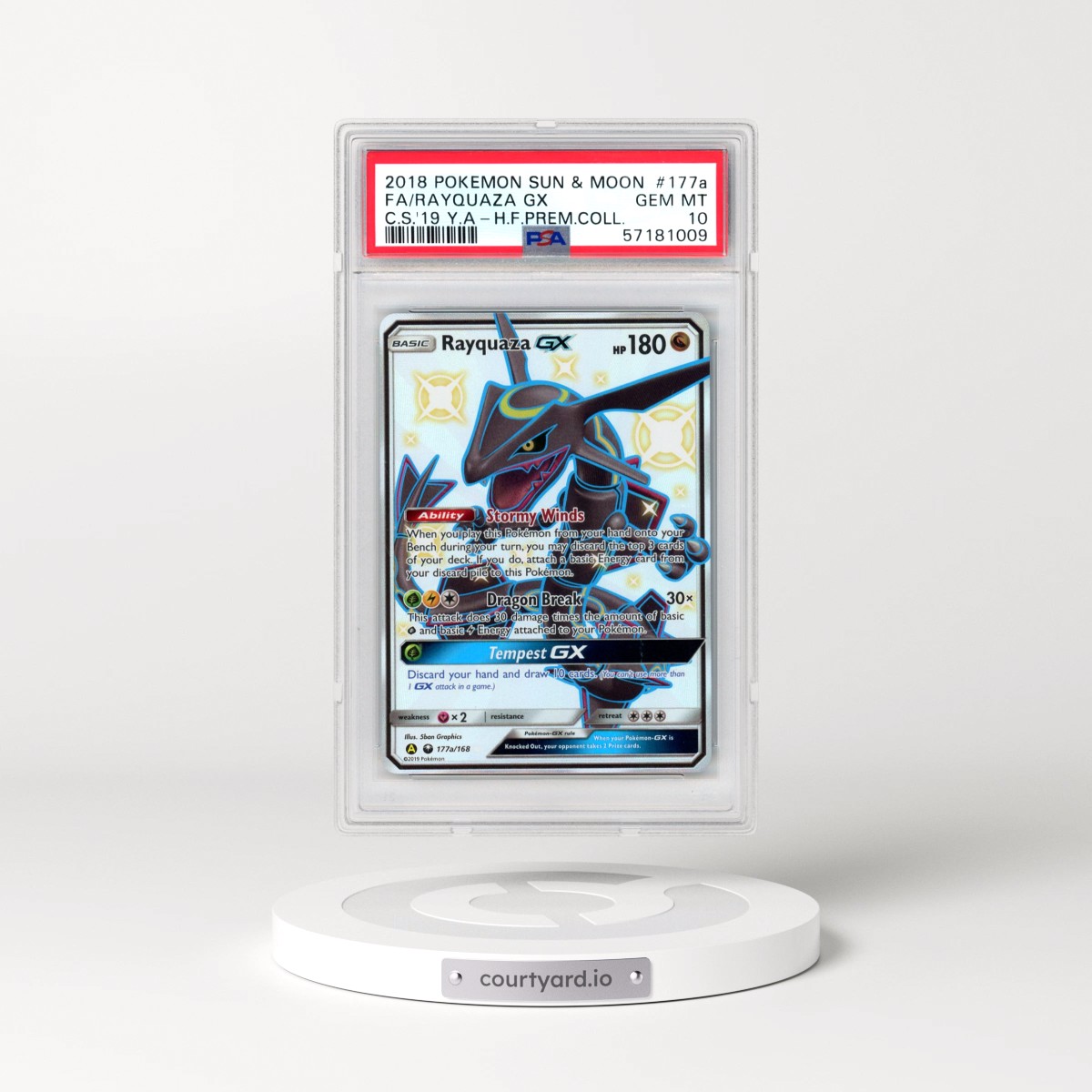 2018 Pokémon Sun & Moon Celestial Storm #177a Rayquaza GX - Holo Full Art 2019 Yellow A Hidden Fates Premium Collection (PSA 10 GEM MINT)