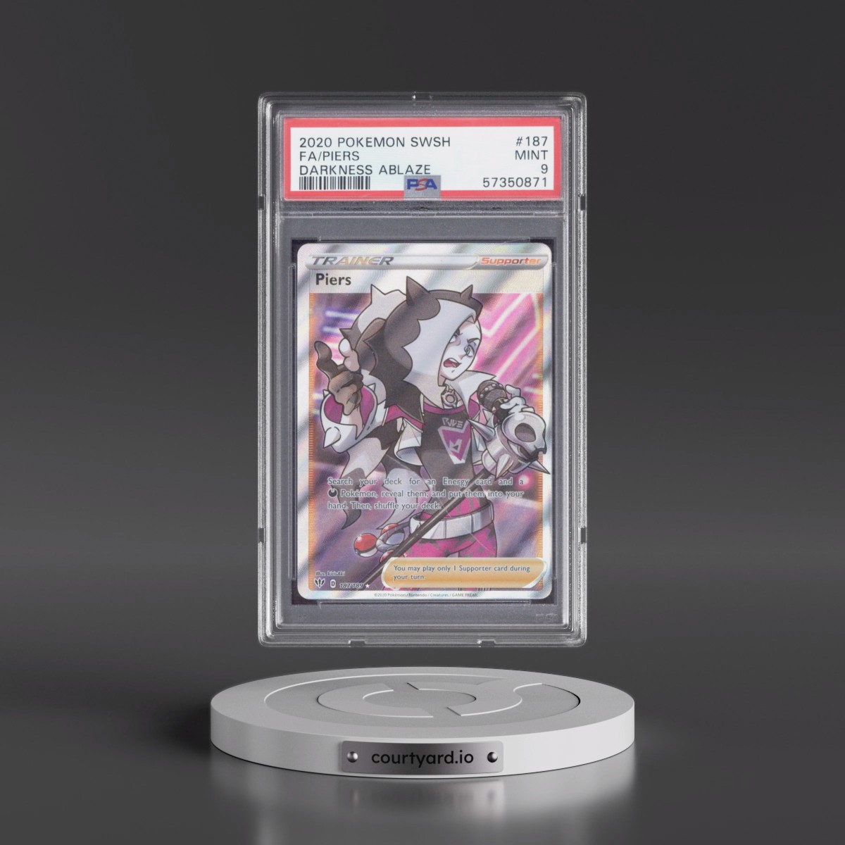 2020 Pokémon Sword & Shield Darkness Ablaze #187 Piers - Full Art (PSA 9 MINT)