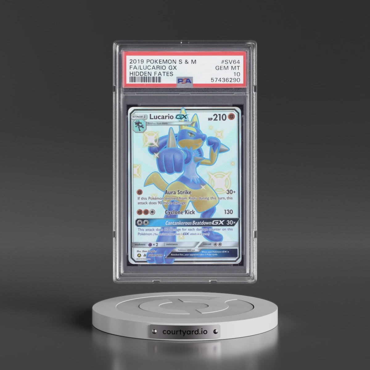 2019 Pokémon Sun & Moon Hidden Fates Lucario GX - Holo Full Art #SV64 PSA 10