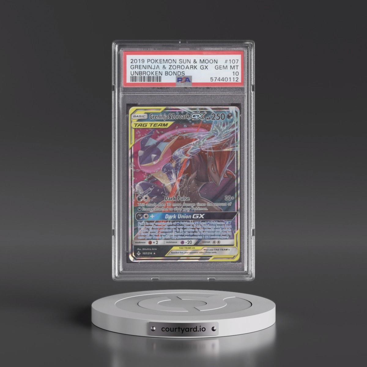 2019 Pokémon Sun & Moon Unbroken Bonds #107 Greninja & Zoroark GX - Holo (PSA 10 GEM MINT)