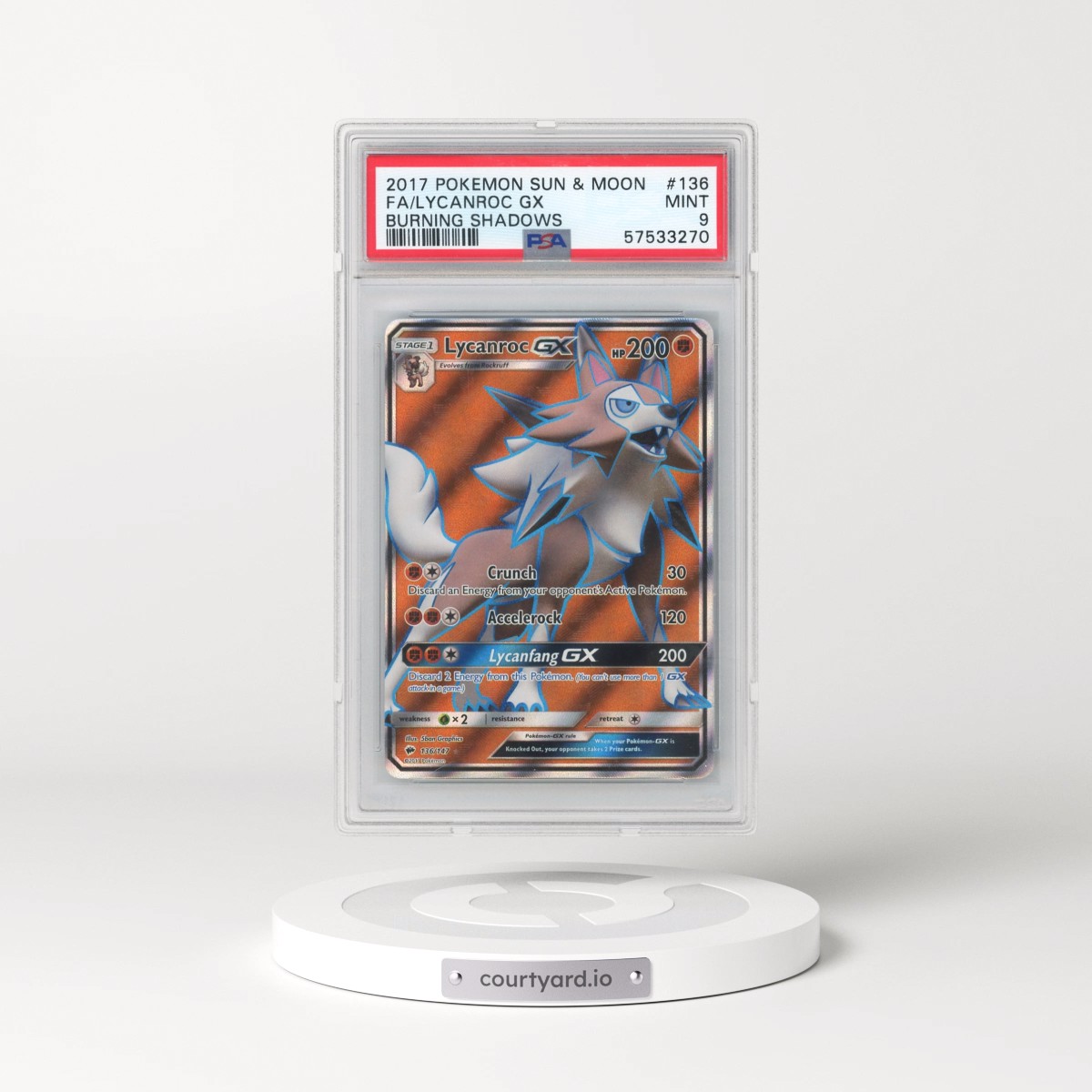 2017 Pokémon Sun & Moon Burning Shadows #136 Lycanroc GX - Holo Full Art (PSA 9 MINT)
