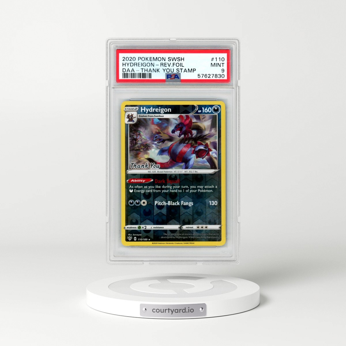 2020 Pokémon Sword & Shield Darkness Ablaze #110 Hydreigon - Reverse Foil Thank You Stamp (PSA 9 MINT)