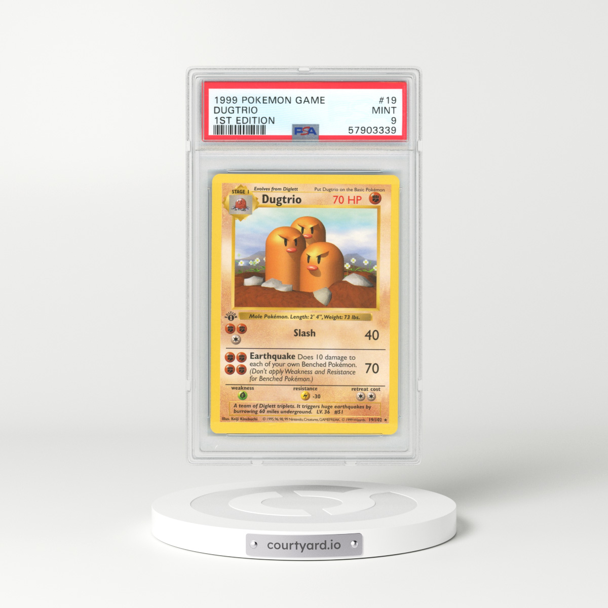 1999 Base Set #19 Dugtrio - 1st Edition Shadowless (PSA 9 MINT)
