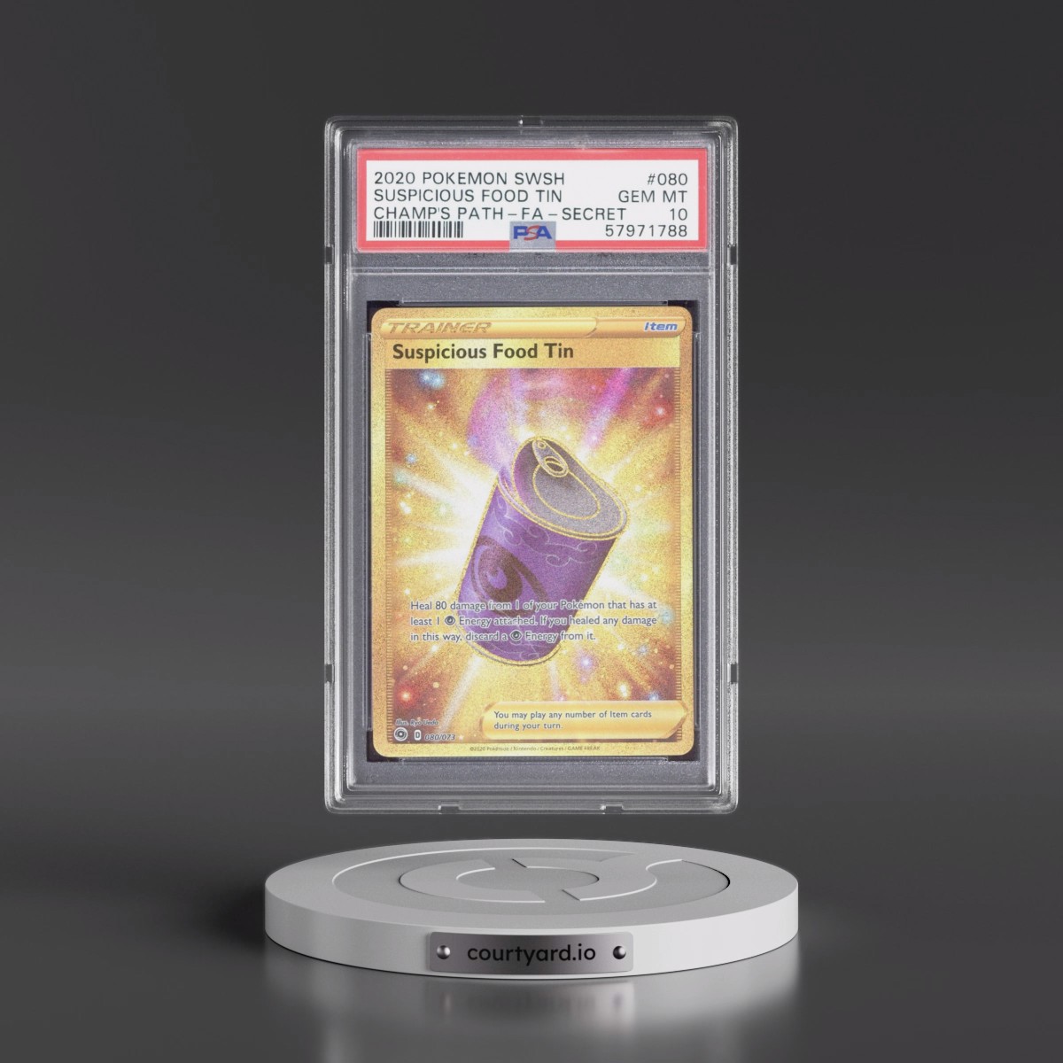 2020 Pokémon Sword & Shield Champion's Path #080 Suspicious Food Tin - Full Art Secret (PSA 10 GEM MINT)