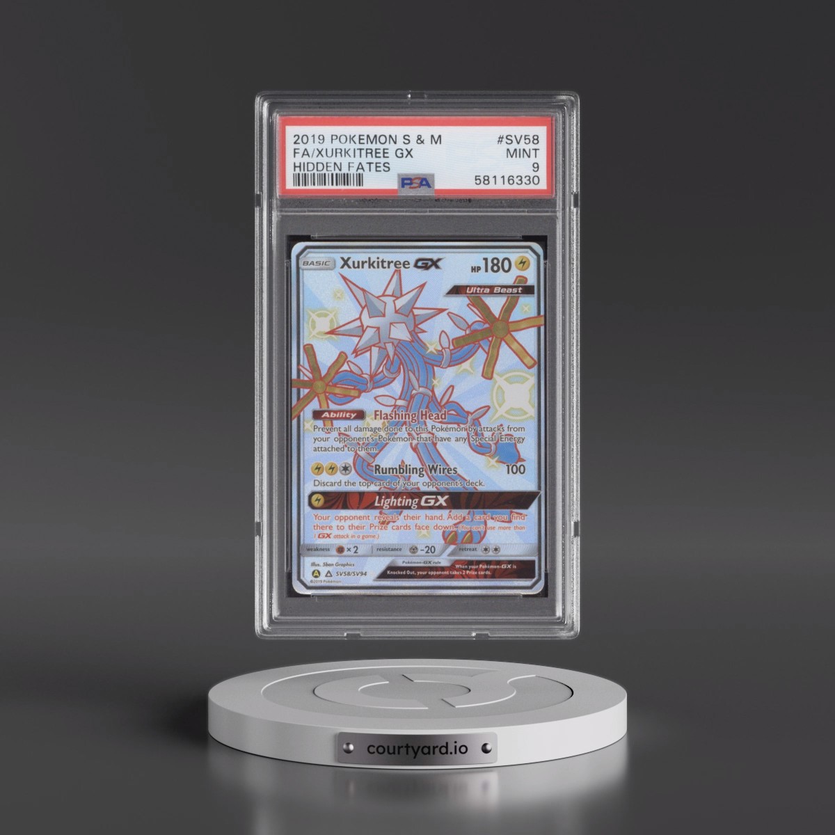 2019 Pokémon Sun & Moon Hidden Fates #SV58 Xurkitree GX - Holo Full Art (PSA 9 MINT)