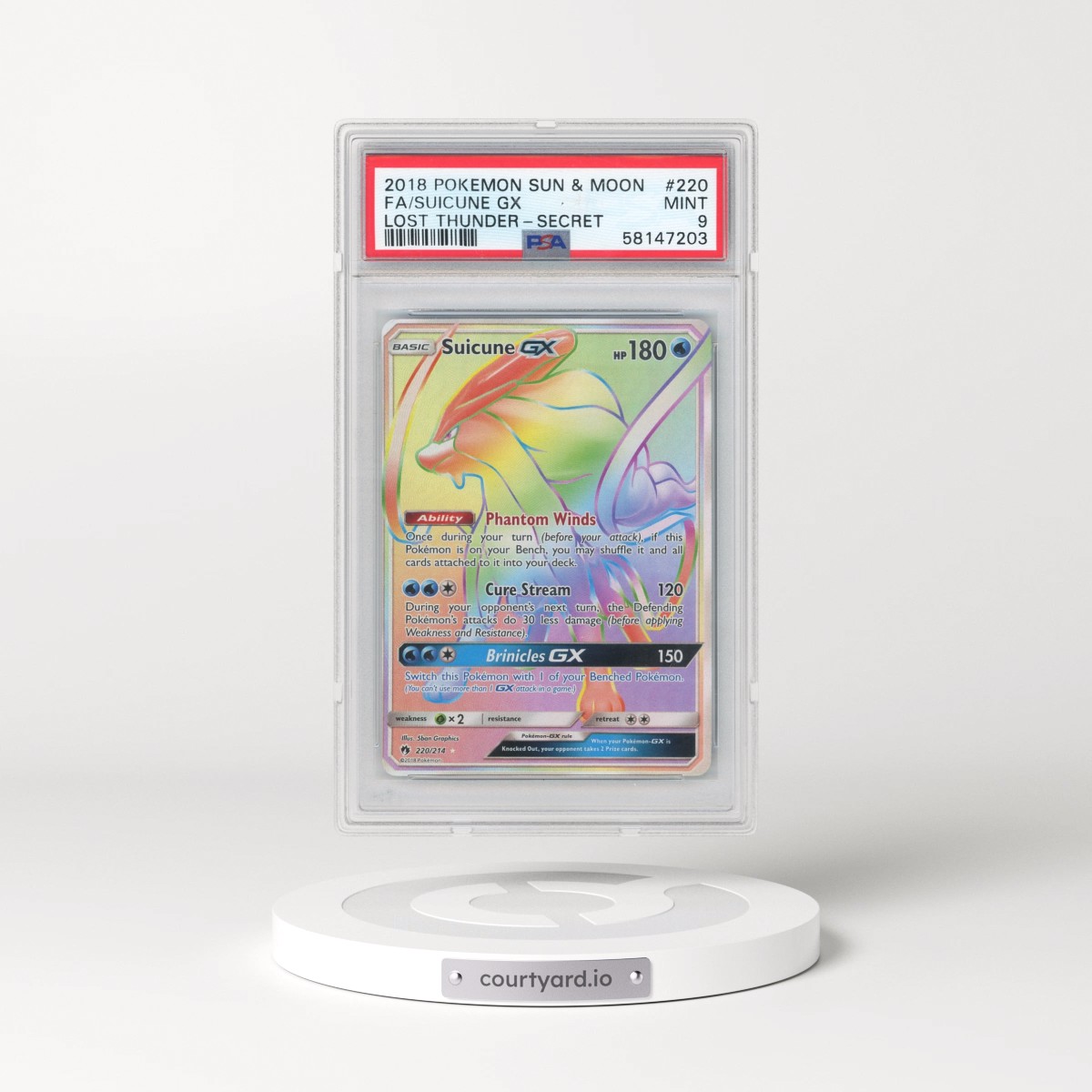 2018 Pokémon Sun & Moon Lost Thunder #220 Suicune GX - Holo Full Art Secret (PSA 9 MINT)