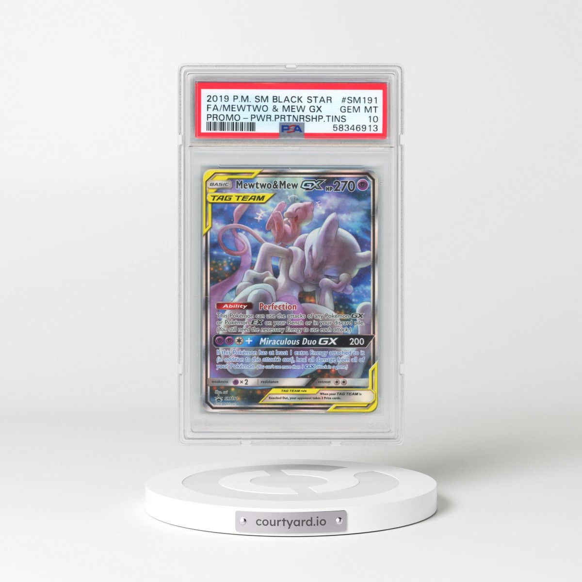 2019 Pokémon SM Black Star Promo #SM191 Mewtwo & Mew GX - Holo Full Art Power Partnership Tins (PSA 10 GEM MINT)