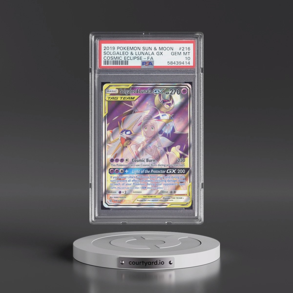 2019 Pokémon Sun & Moon Cosmic Eclipse Solgaleo & Lunala GX - Holo Full Art #216 PSA 10
