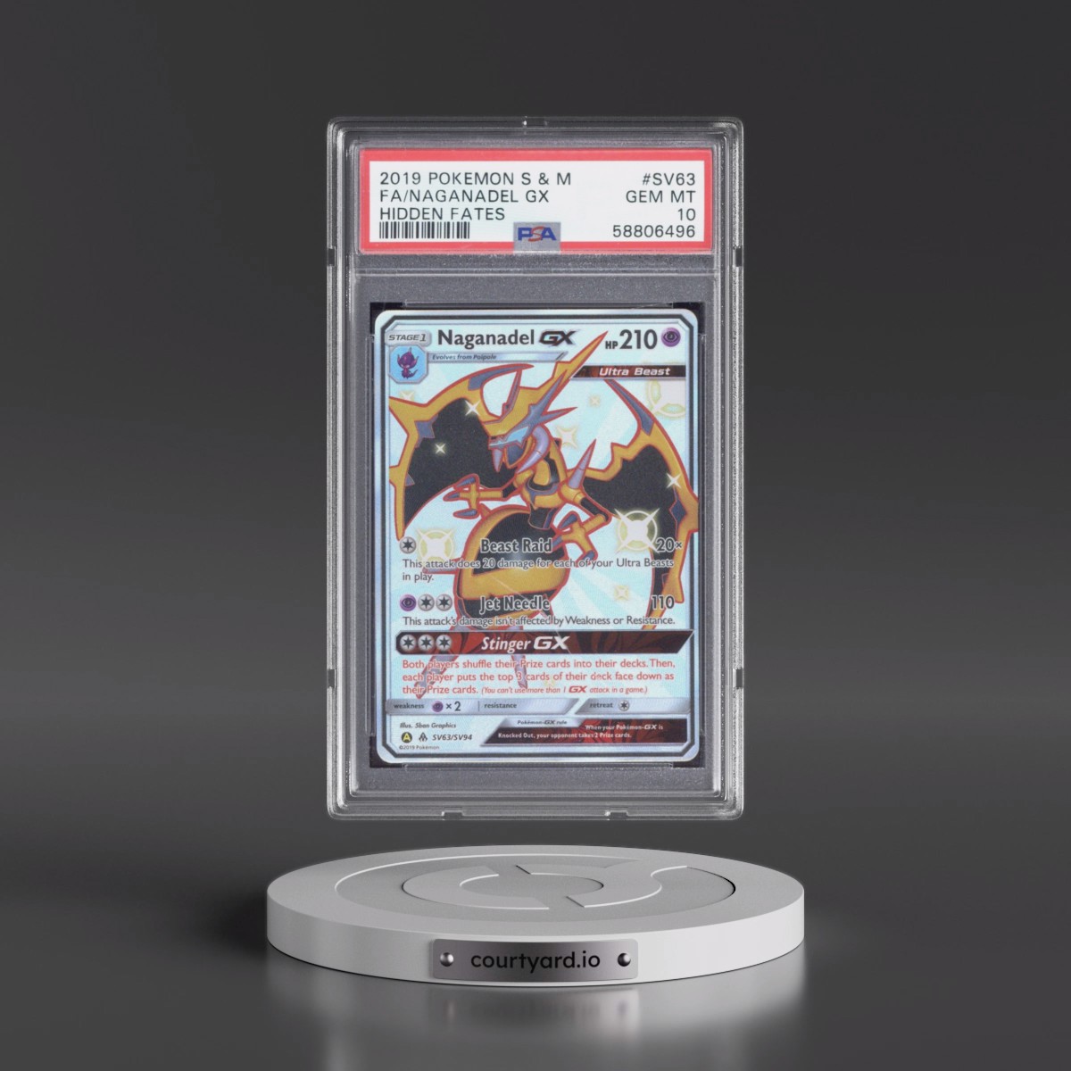 2019 Pokémon Sun & Moon Hidden Fates #SV63 Naganadel GX - Holo Full Art (PSA 10 GEM MINT)