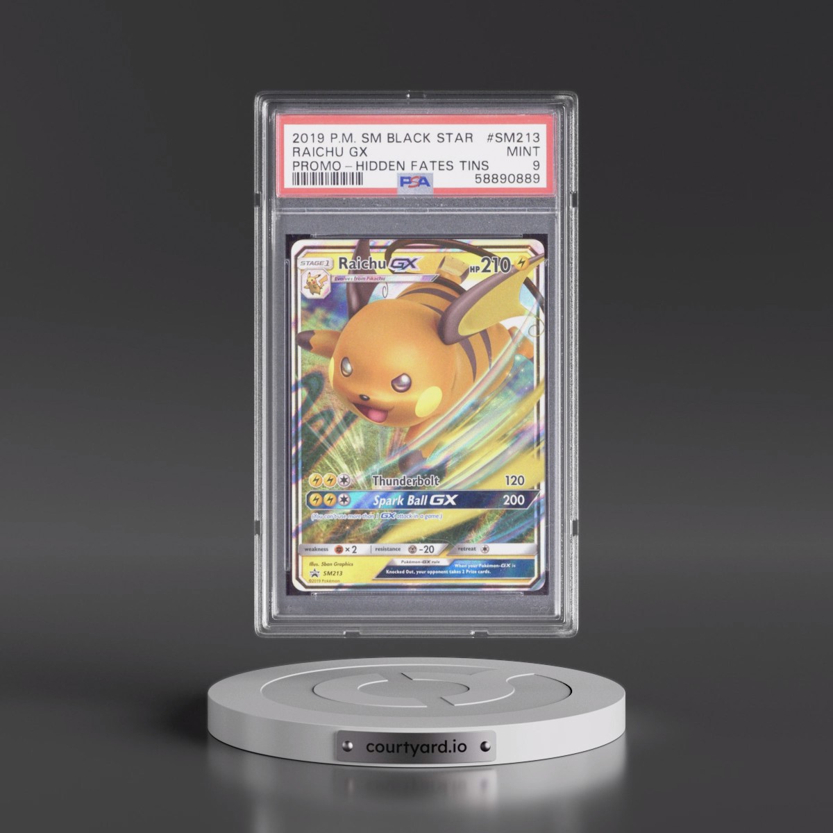 2019 Pokémon SM Black Star Promo #SM213 Raichu GX - Holo Hidden Fates Tins (PSA 9 MINT)