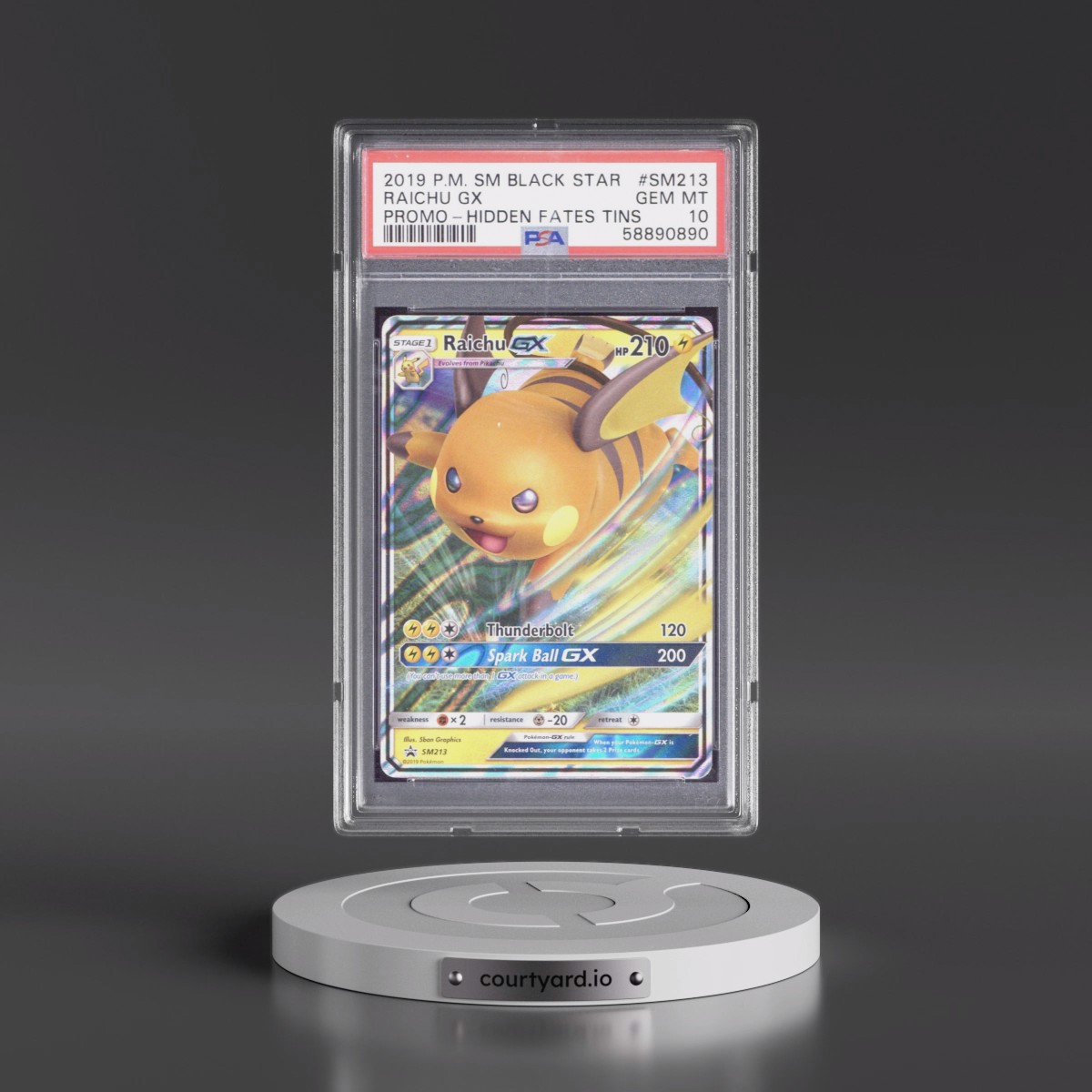 2019 Pokémon SM Black Star Promo #SM213 Raichu GX - Holo Hidden Fates Tins (PSA 10 GEM MINT)