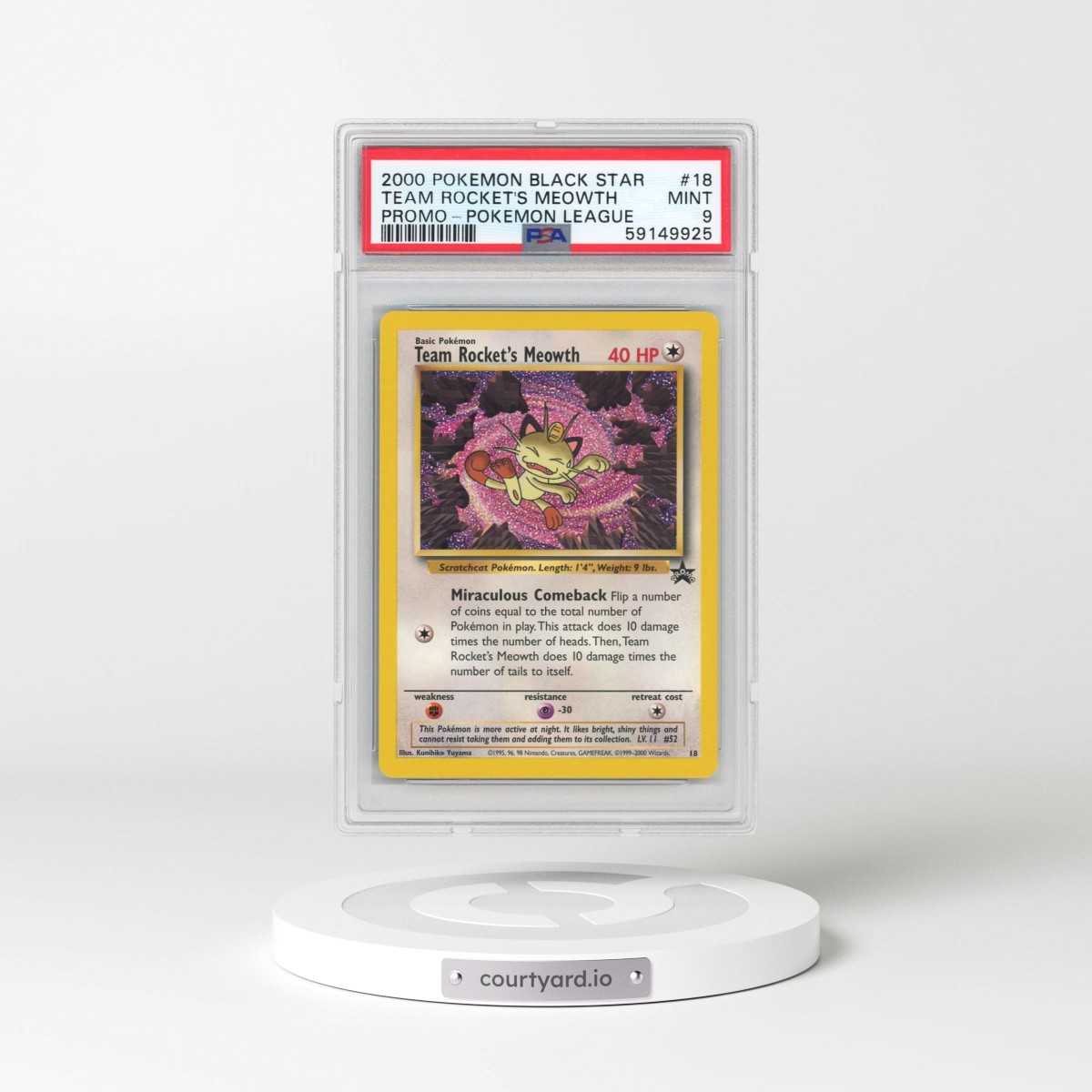 1999 Black Star Promos #18 Team Rocket's Meowth - Pokémon League (PSA 9 MINT)