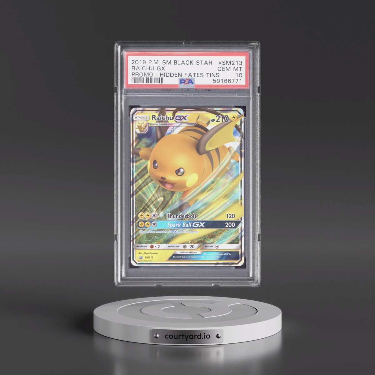 2019 Pokémon SM Black Star Promo #SM213 Raichu GX - Holo Hidden Fates Tins (PSA 10 GEM MINT)