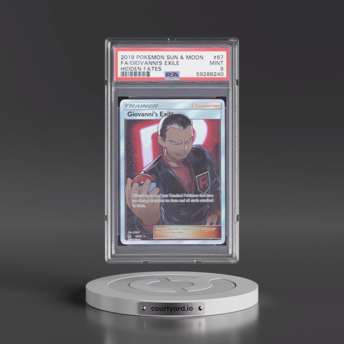 2019 Pokémon Sun & Moon Hidden Fates #67 Giovanni's Exile - Full Art (PSA 9 MINT)