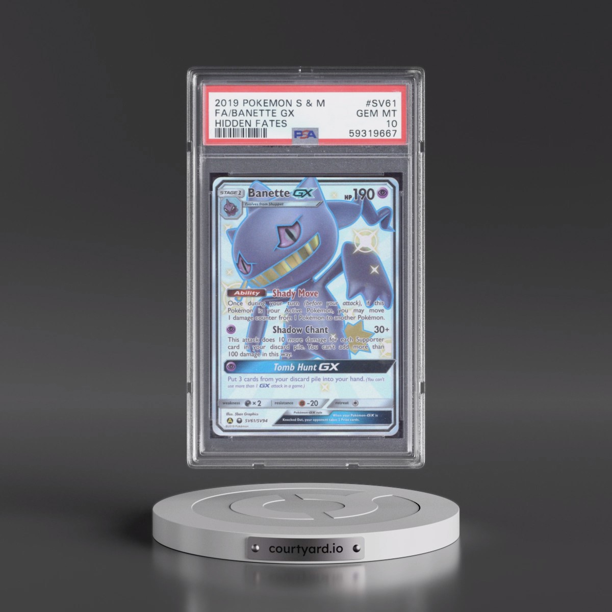 2019 Pokémon Sun & Moon Hidden Fates #SV61 Banette GX - Holo Full Art (PSA 10 GEM MINT)