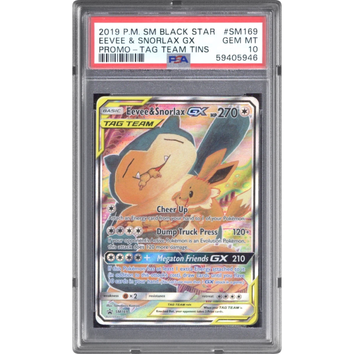 2019 Pokémon SM Black Star Promo #SM169 Eevee & Snorlax GX - Holo Full Art Tag Team Tins (PSA 10 GEM MINT)