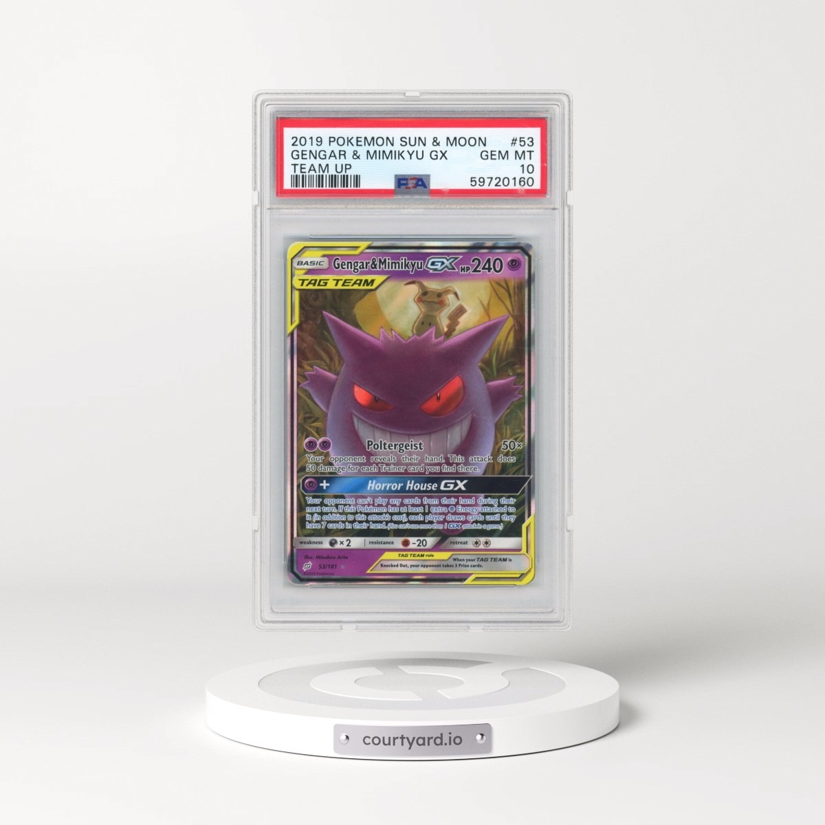 2019 Pokémon Sun & Moon Team Up #53 Gengar & Mimikyu GX - Holo (PSA 10 GEM MINT)