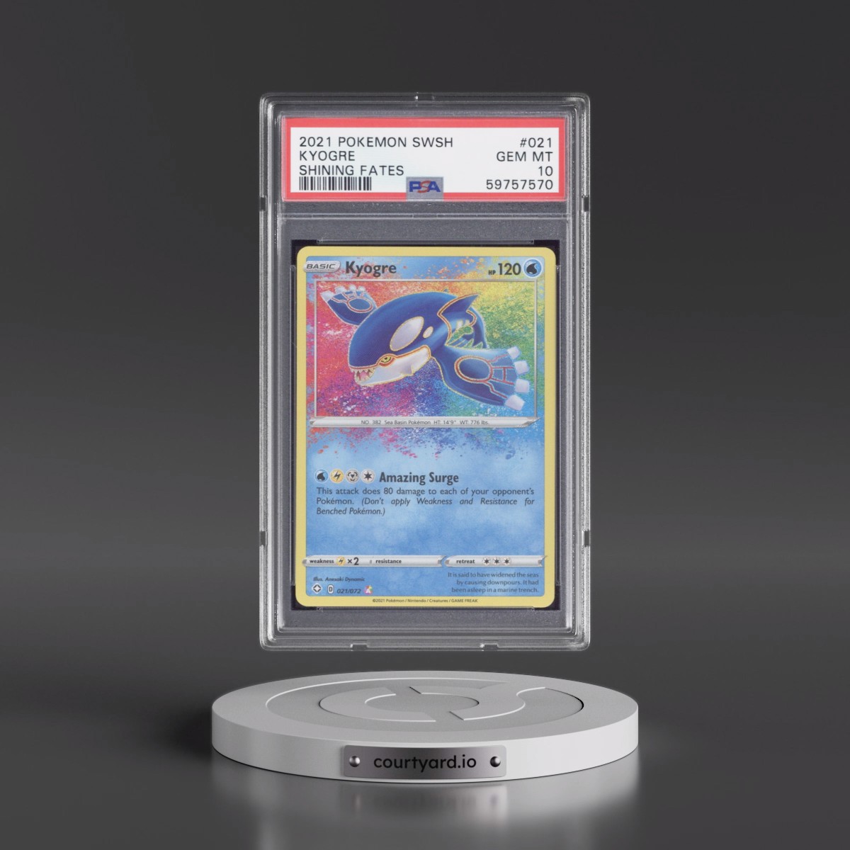 2021 Pokémon Sword & Shield Shining Fates #021 Kyogre (PSA 10 GEM MINT)