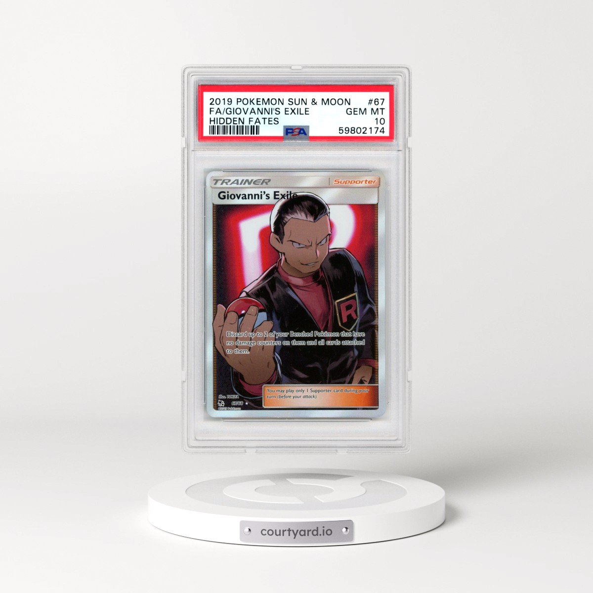 2019 Pokémon Sun & Moon Hidden Fates #67 Giovanni's Exile - Full Art (PSA 10 GEM MINT)