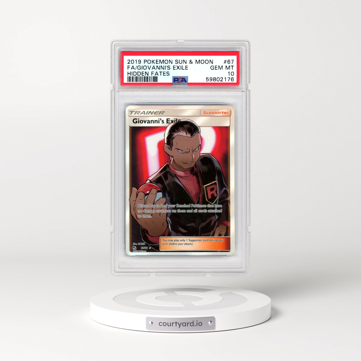 2019 Pokémon Sun & Moon Hidden Fates #67 Giovanni's Exile - Full Art (PSA 10 GEM MINT)