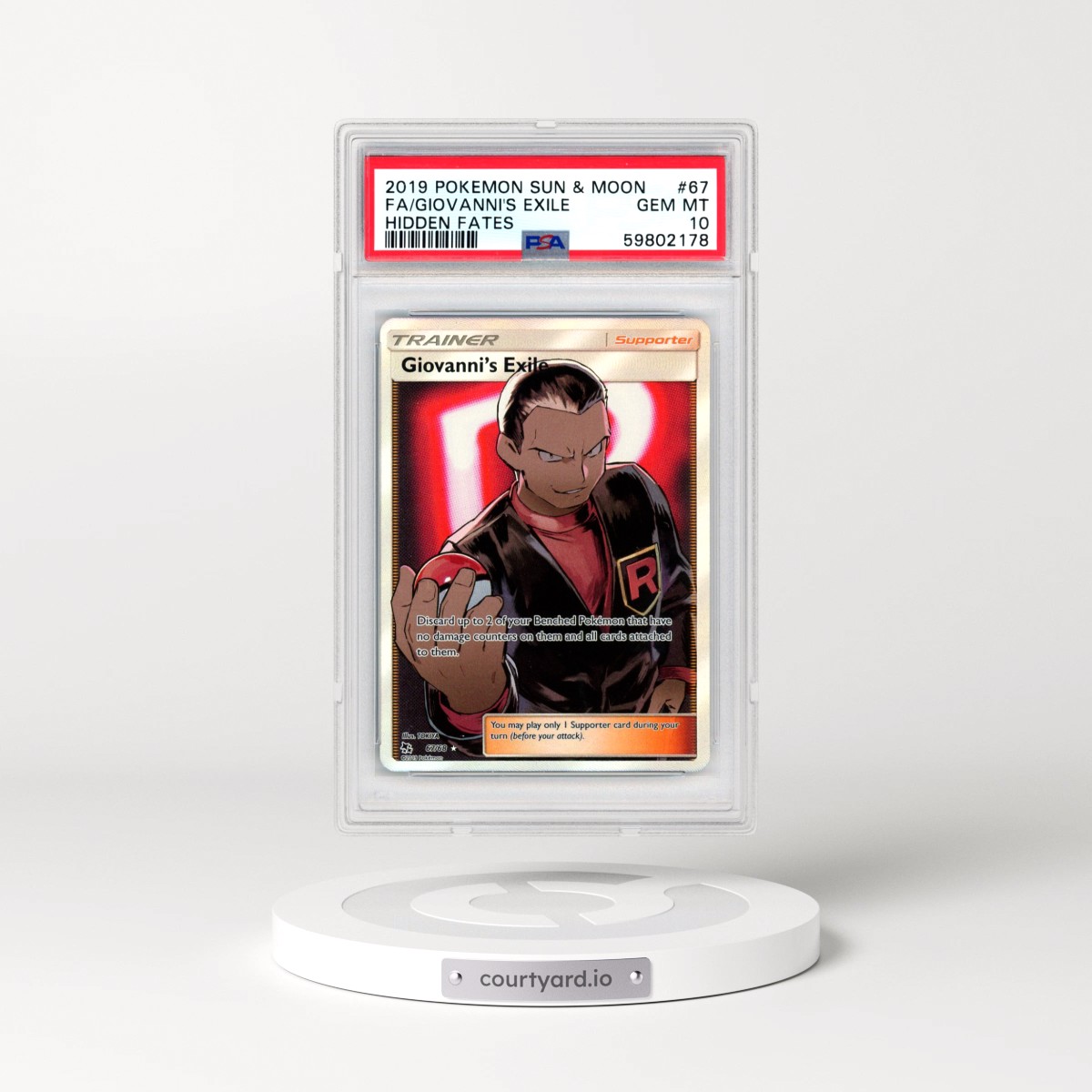 2019 Pokémon Sun & Moon Hidden Fates #67 Giovanni's Exile - Full Art (PSA 10 GEM MINT)