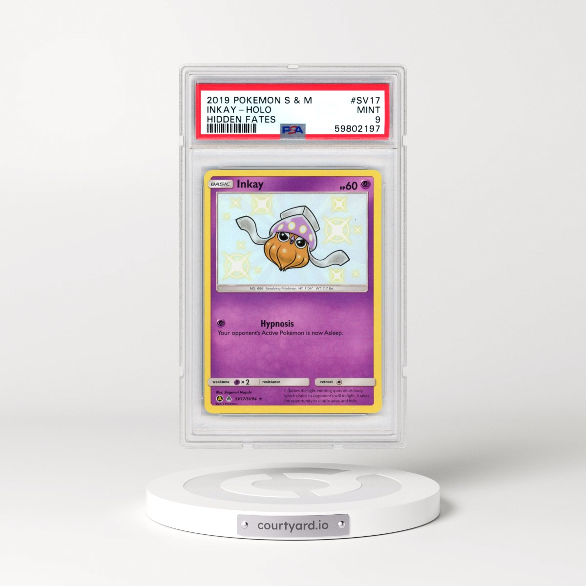 2019 Pokémon Sun & Moon Hidden Fates #SV17 Inkay - Holo (PSA 9 MINT)