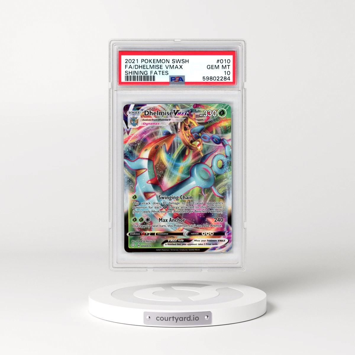 2021 Pokémon Sword & Shield Shining Fates #010 Dhelmise Vmax - Full Art (PSA 10 GEM MINT)