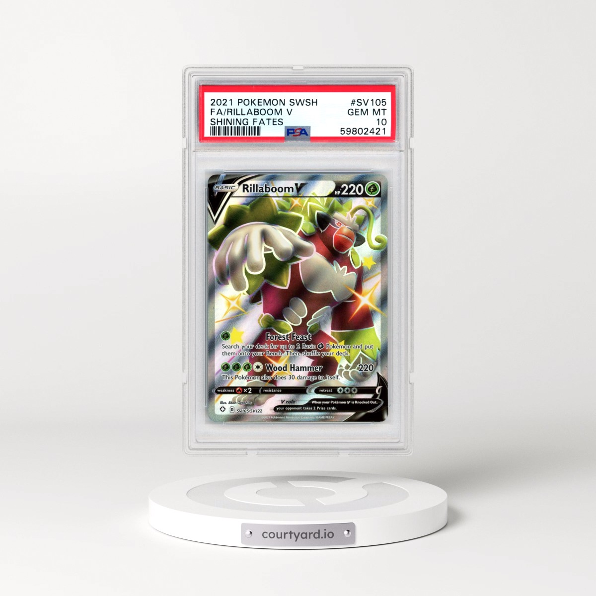 2021 Pokémon Sword & Shield Shining Fates #SV105 Rillaboom V - Holo Full Art (PSA 10 GEM MINT)