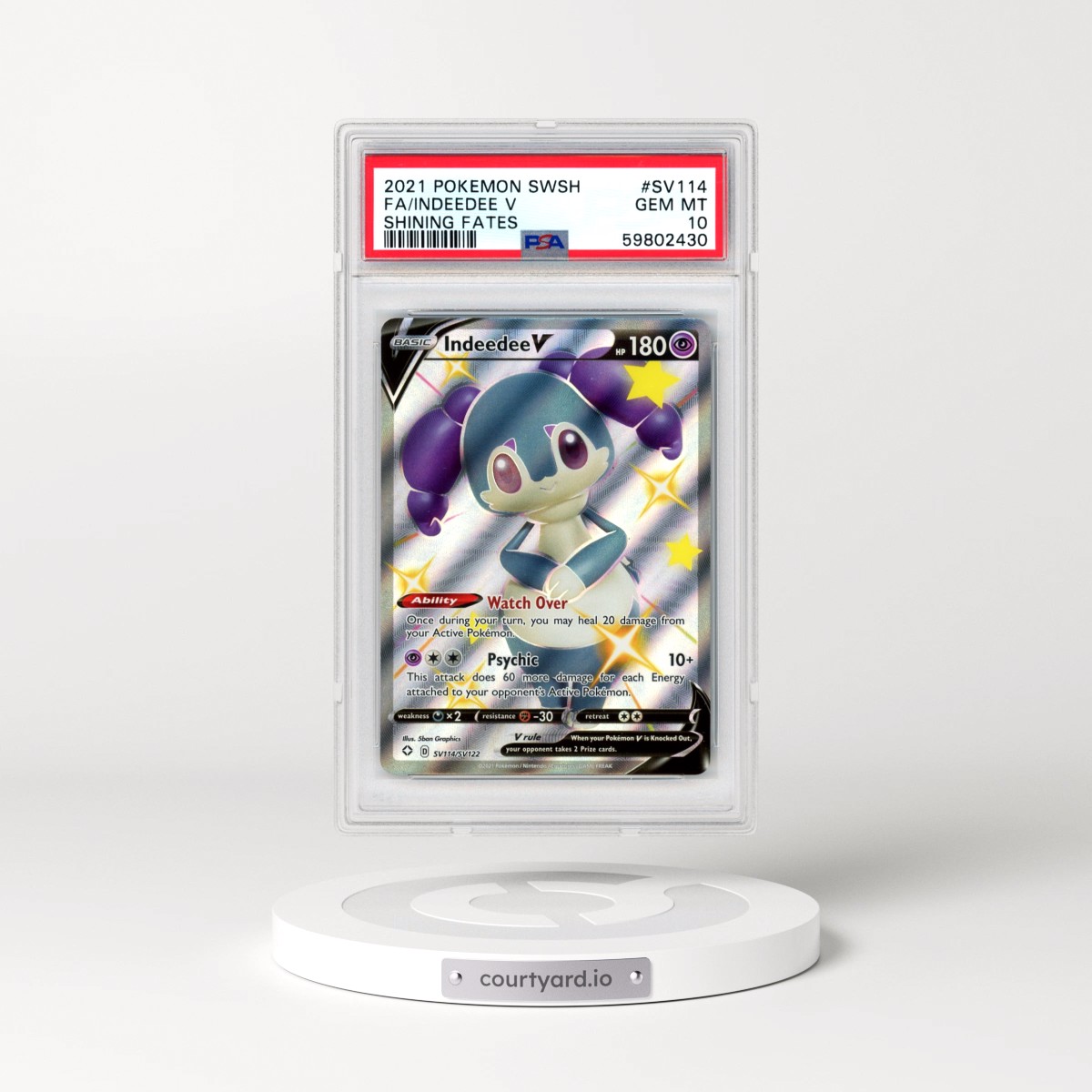 2021 Pokémon Sword & Shield Shining Fates #SV114 Indeedee V - Holo Full Art (PSA 10 GEM MINT)