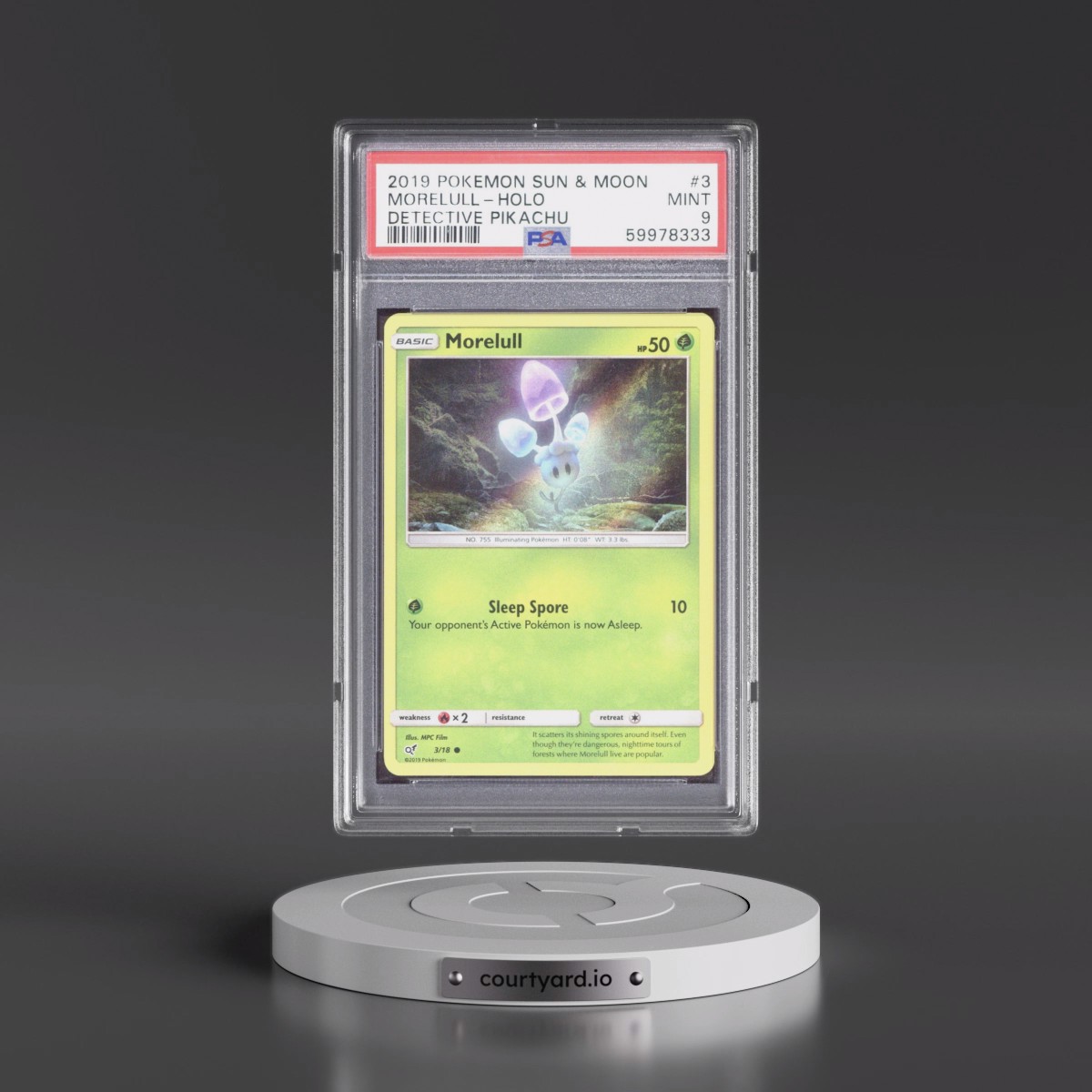 2019 Pokémon Sun & Moon Detective Pikachu #3 Morelull - Holo (PSA 9 MINT)