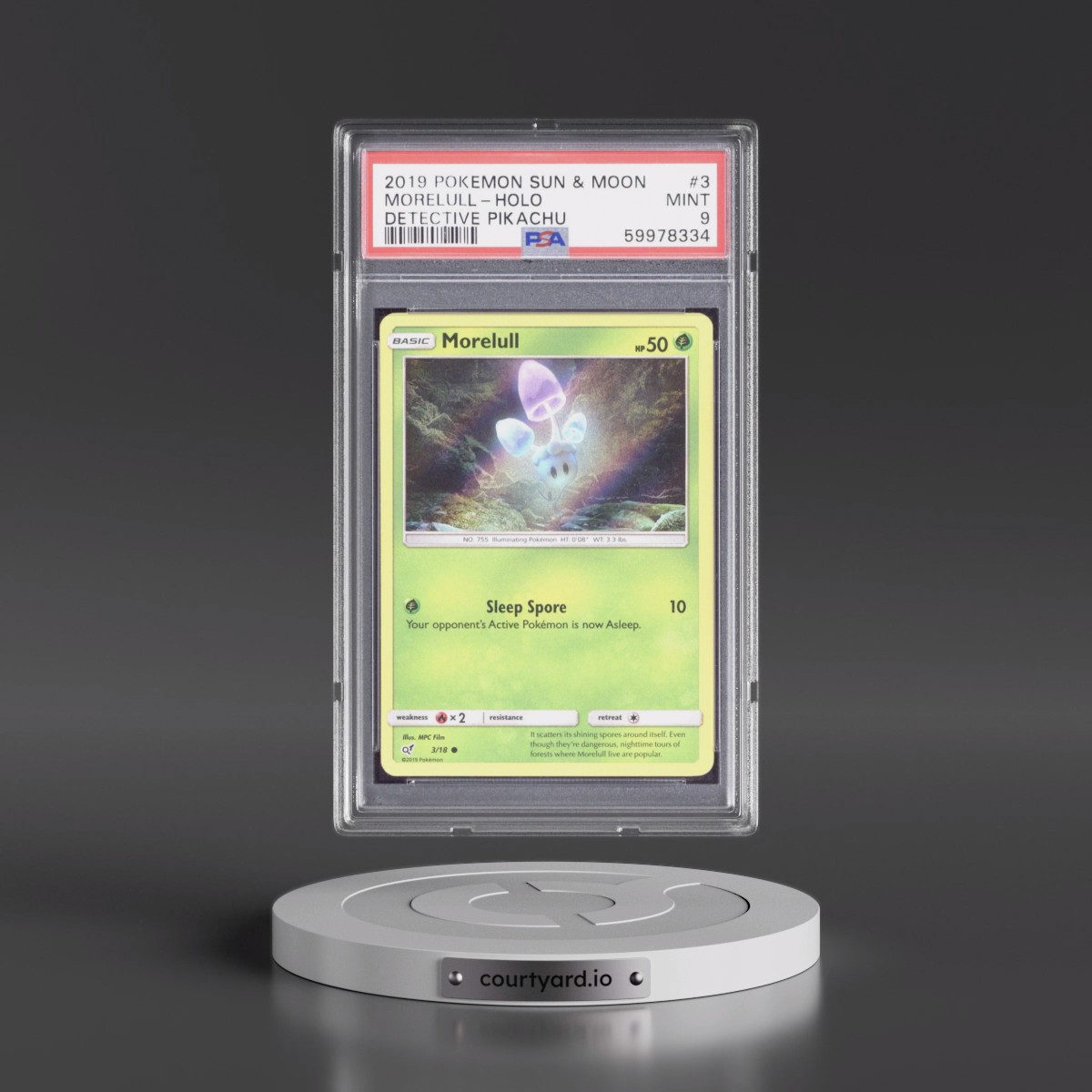 2019 Pokémon Sun & Moon Detective Pikachu #3 Morelull - Holo (PSA 9 MINT)