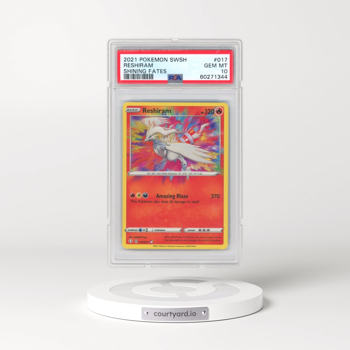 2021 Pokémon Sword & Shield Shining Fates #017 Reshiram (PSA 10 GEM MINT)