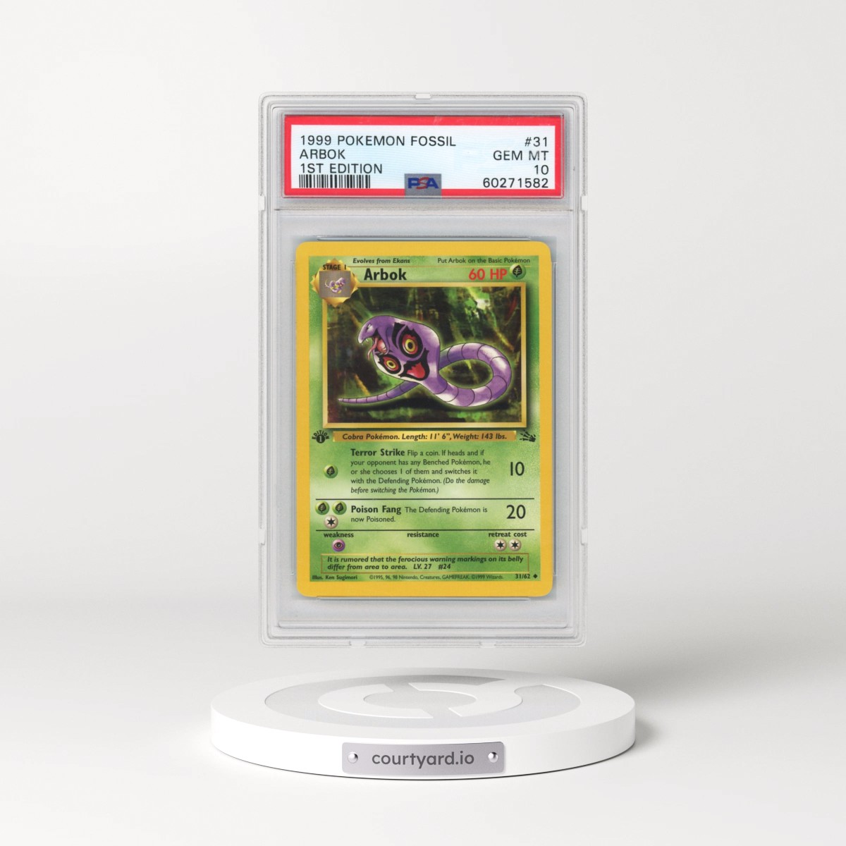1999 Pokémon Fossil #31 Arbok - 1st Edition (PSA 10 GEM MINT)